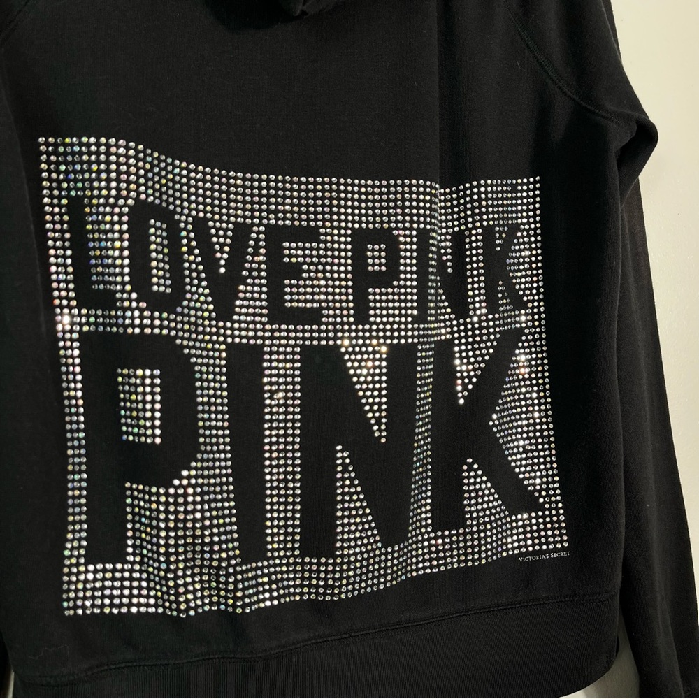 Vintage Y2K Victoria's Secret PINK Black Silver Bling Rhinestone Zip Up Hoodie M - Picture 2 of 6